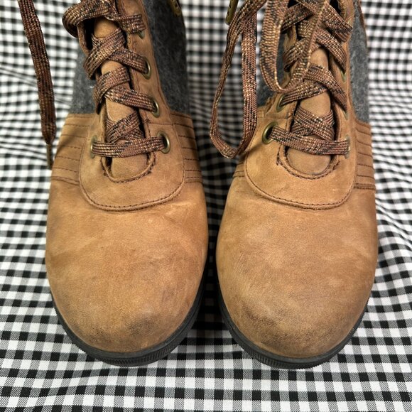 Sorel Lexie Boots Women's 9 Brown Gray Leather Hidden Wedge Lace Up Lug Booties - Picture 2 of 7